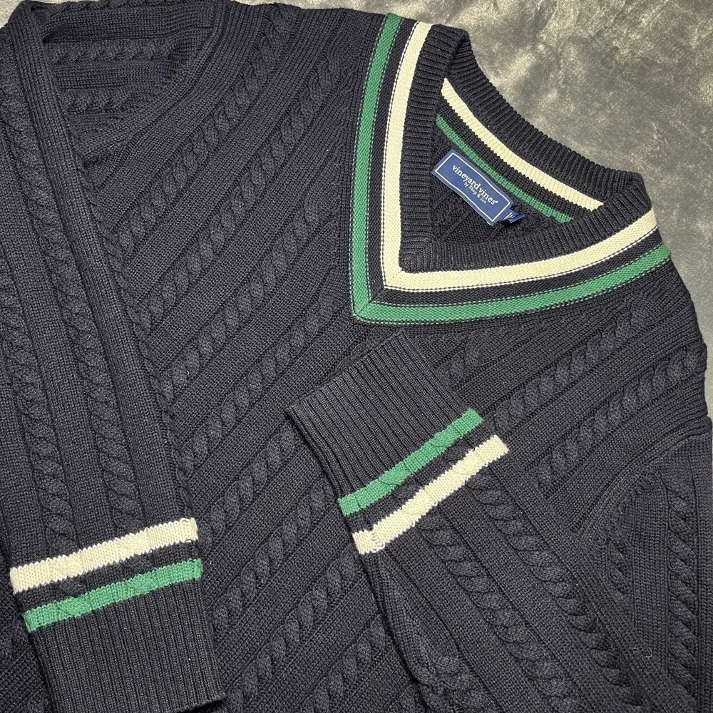 Vineyard Vines Tennis Merino Wool Sweater Men's Large Navy Cable Knit V Neck